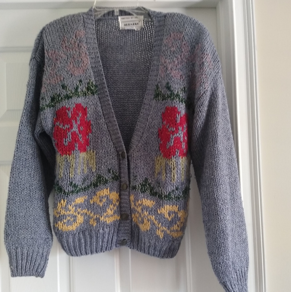 J.J. Fargo Vintage Knitted By Hand Grey Floral Sweater Size Medium